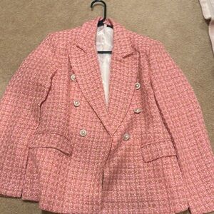 SHEIN Pink Gold PearlTweed Blazer Structured Suit Jacket